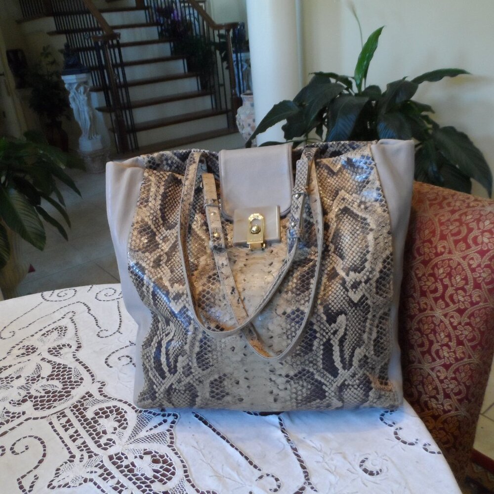 Lanvin Taupe/Beige Python Embosed Lamb Leather To… - image 3